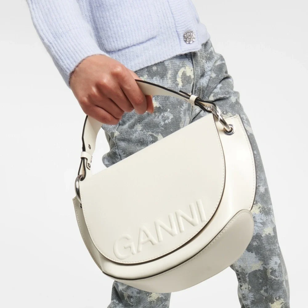 Ganni Banner Saddle Leather Off-White Crossbody Bag | One Size - Picture 1 of 17